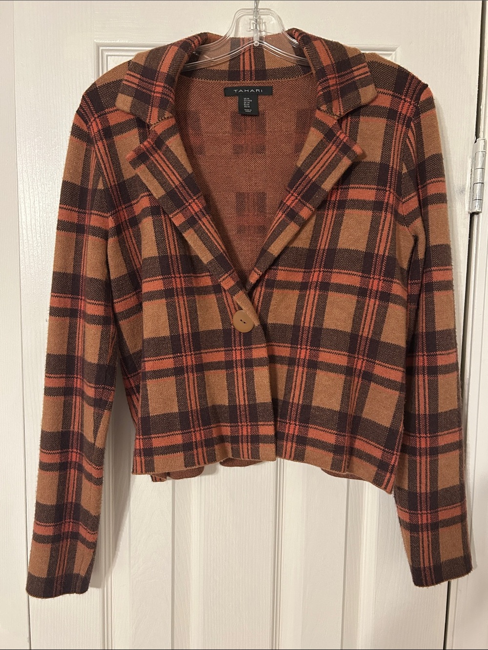 Tahari Plaid Notch-Collar Jacket in Brown and Rust